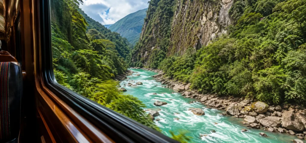 vista desde ventana del tren a Aguas Calientes — río Urubamba y selva andina
