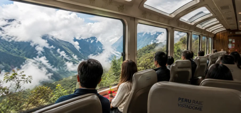 interior tren Vistadome Peru Rail — pasajeros con vistas panorámicas de los Andes