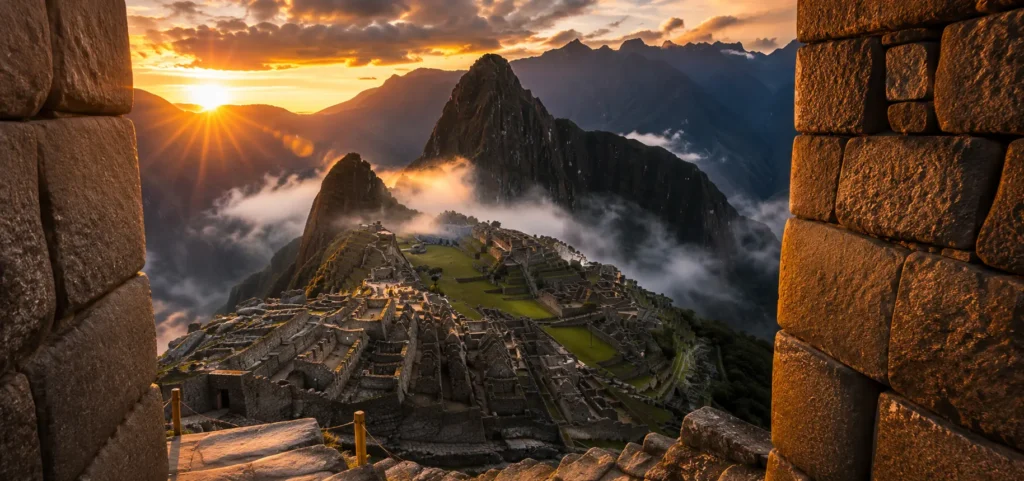 ciudadela de Machu Picchu al amanecer con niebla — vista desde la Puerta del Sol