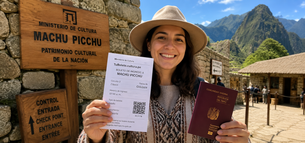 turista mostrando pasaporte original y ticket impreso en el control de acceso a la ciudadela inca