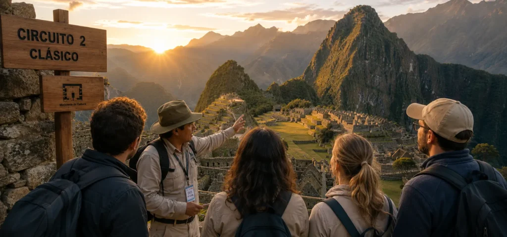 grupo de turistas con guía certificado recorriendo la ciudadela inca al amanecer — circuito 2 clásico